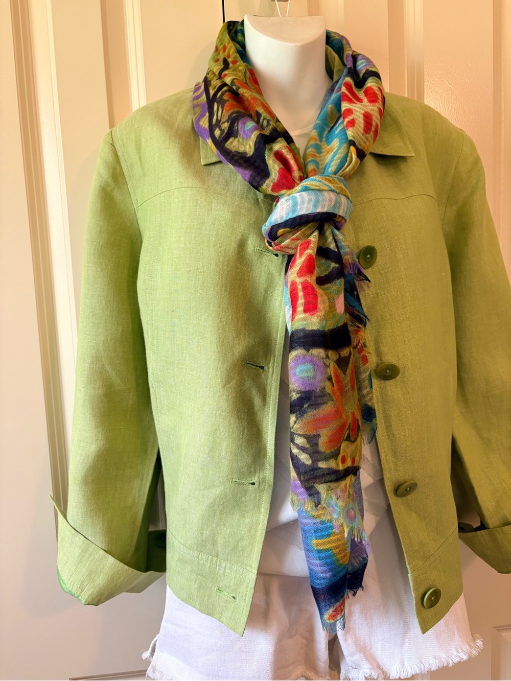 Talbots Light Green Linen-Blend Jacket & scarf, 100% Irish linen
